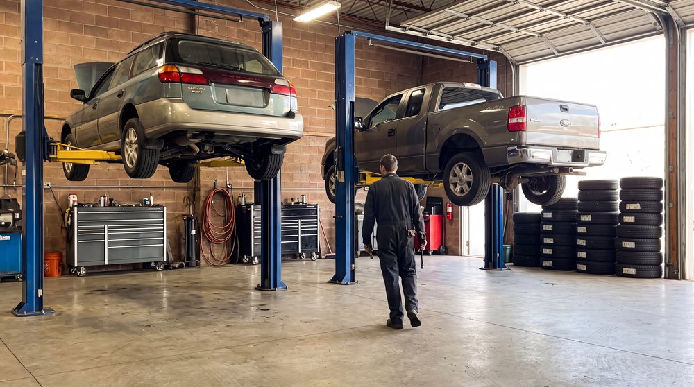 A wide view inside the shop with two cars up on lifts, tool chests and tires stacked along the wall